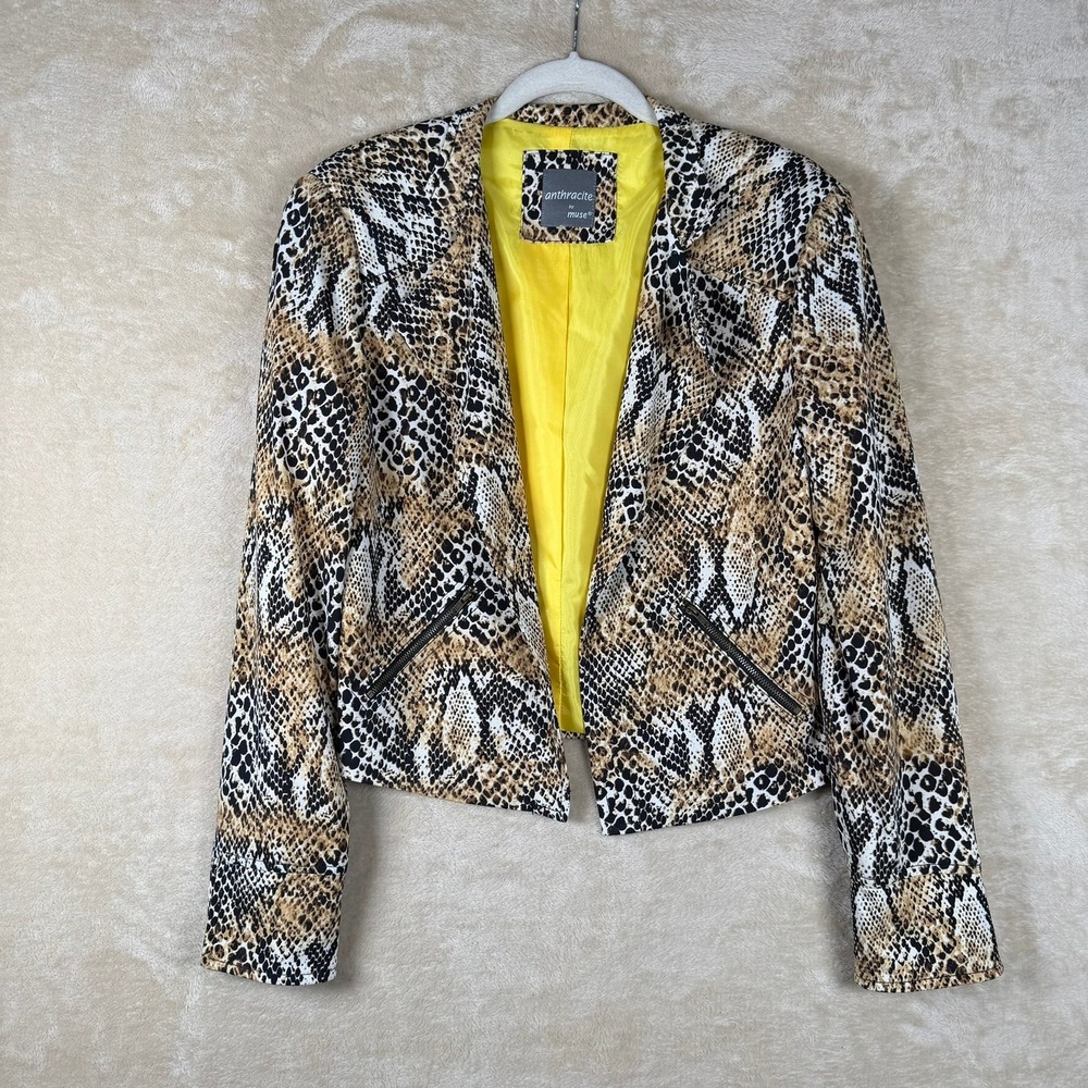 Anthracite by Muse Womens S Snakeskin Print Open Front Cropped Jacket Tan Yellow